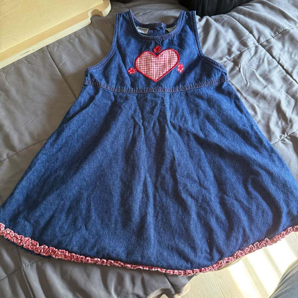 Avon Style Denim Dress Size S (4-5) Red Gingham Heart